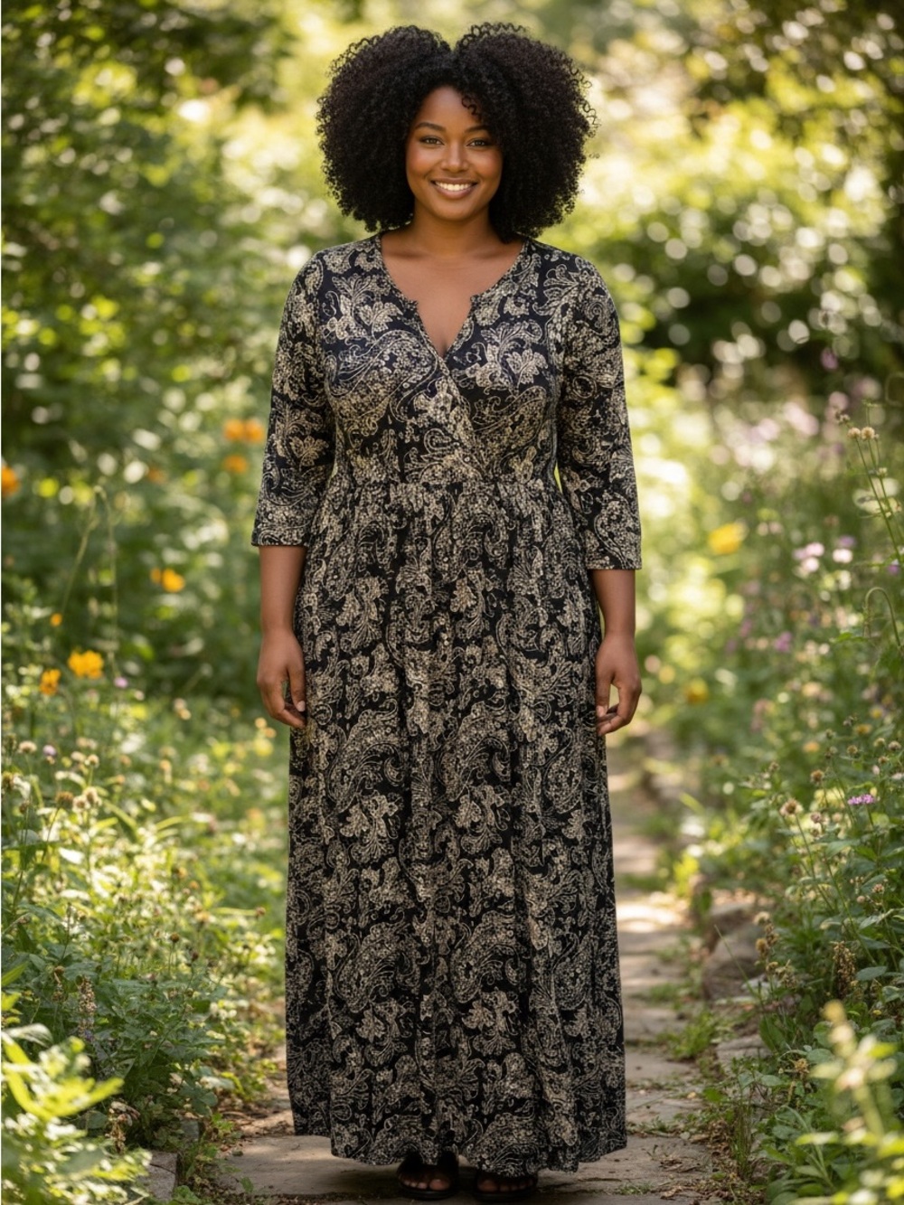 One World XL Paisley Boho Maxi Dress Lace V-Neck 3/4 Sleeve Black Gold